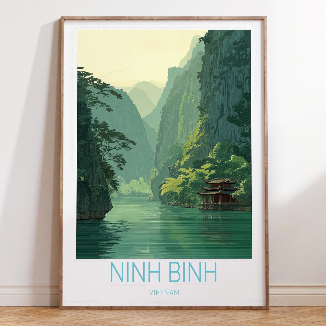 Ninh Binh Vietnam Emerald River Karst Cliffs Pagoda Travel Poster