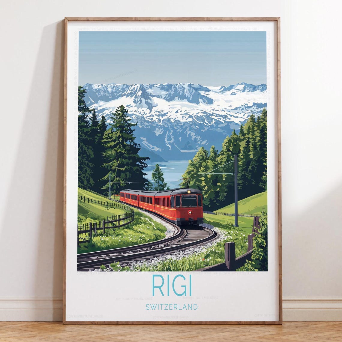 Rigi Switzerland Travel Poster with Red Train and Snowcapped Peaks