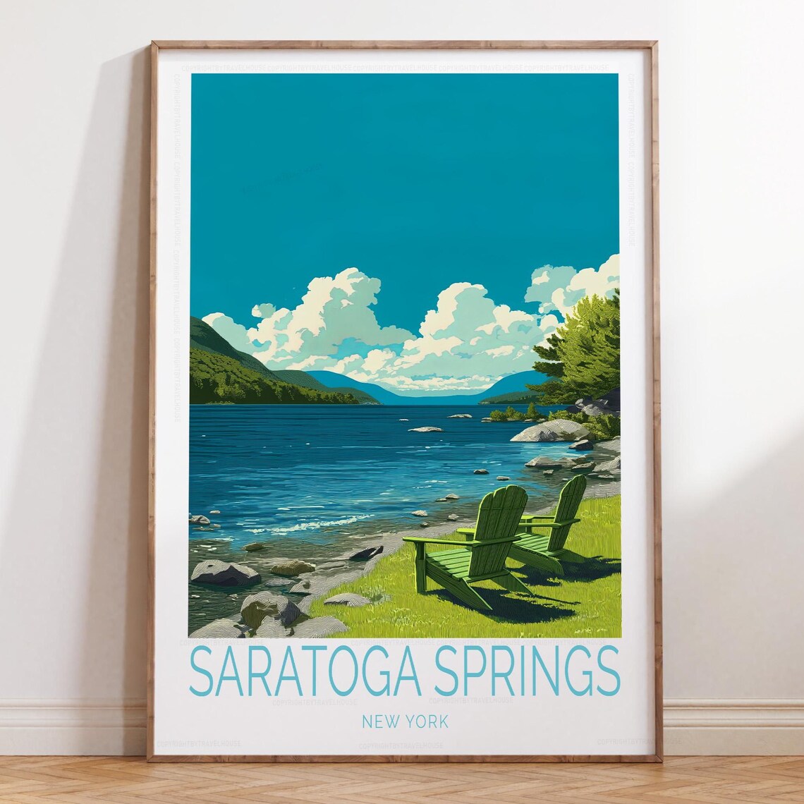 Saratoga Springs New York Lakeside Green Adirondack Chairs Poster