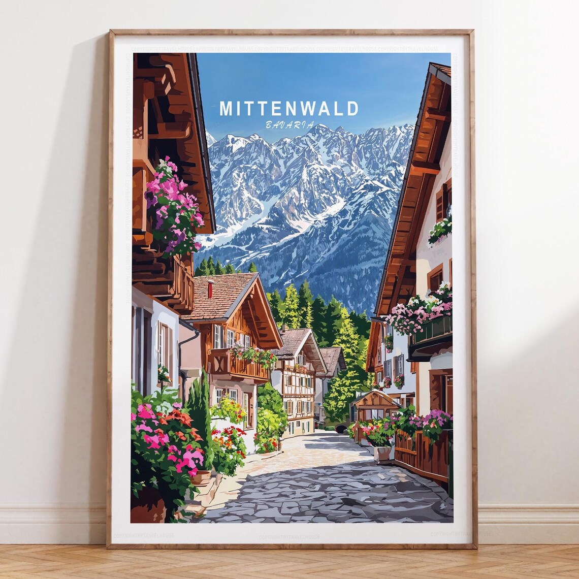 Mittenwald Bavaria Snowy Peaks Old Village Street Travel Poster