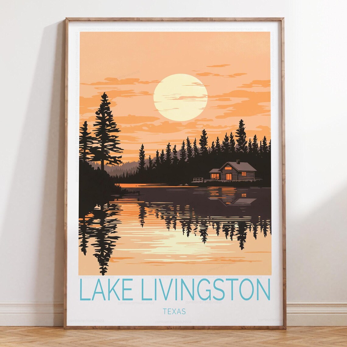 Lake Livingston Texas Lakeside Cabin Golden Sunset Travel Poster