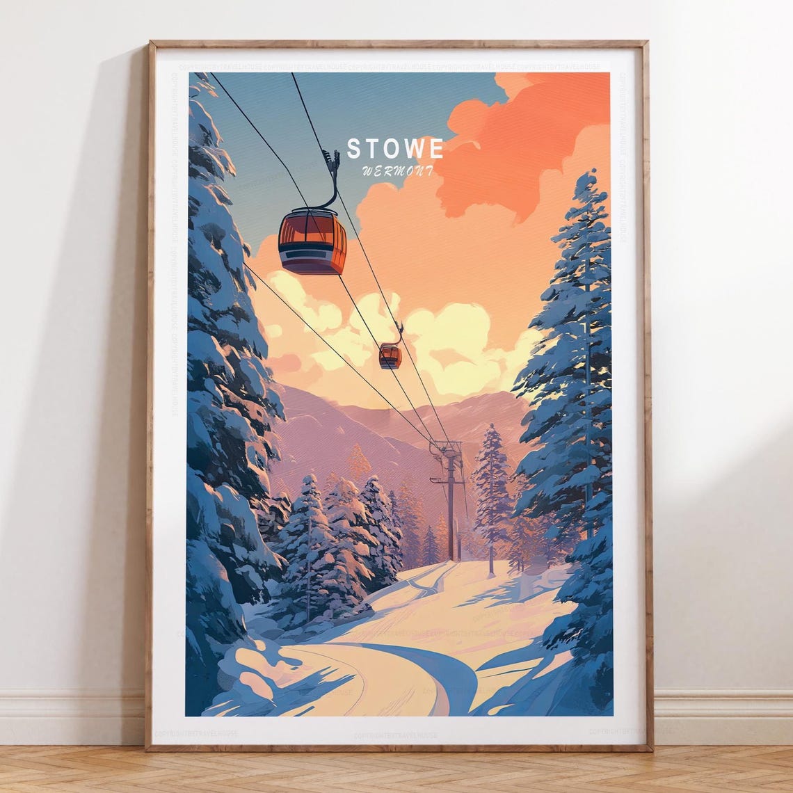 Stowe Vermont Winter Gondola Cable Car Alpine Sunset Travel Poster