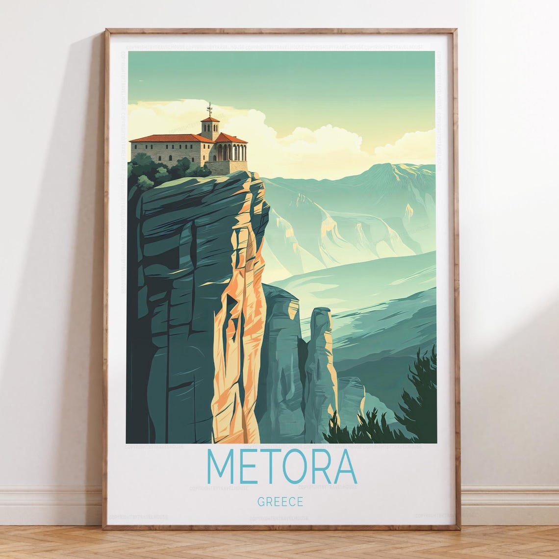 Metora Greece Cliff Monastery Rock Pillars Valley Travel Poster