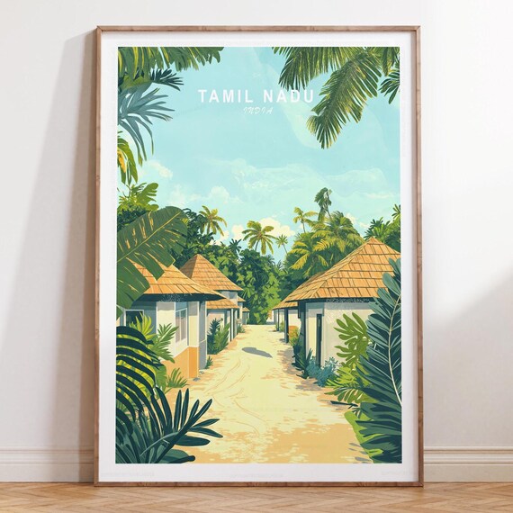 Tamil Nadu India Beach Bungalow Sunlit Lane Tropical Travel Poster