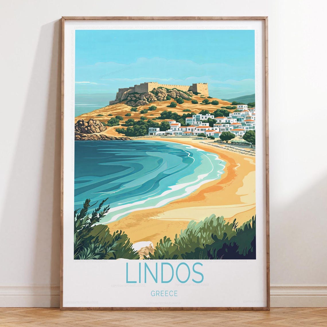 Lindos Greece Acropolis Hill Sandy Bay Coastline Travel Poster