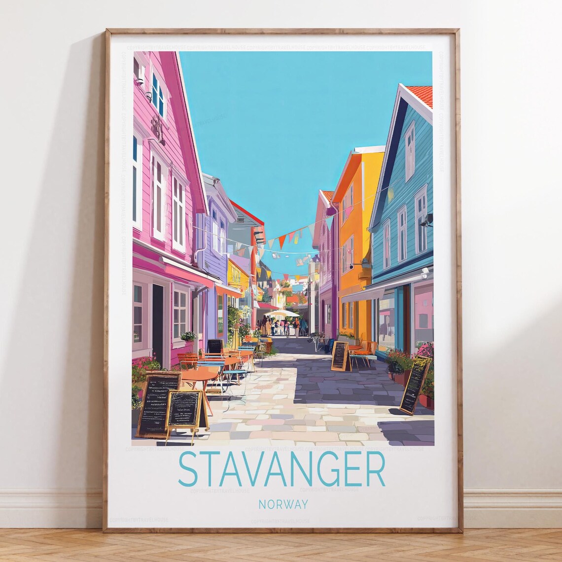 Stavanger Norway Colorful Street Cafes Old Town Travel Poster