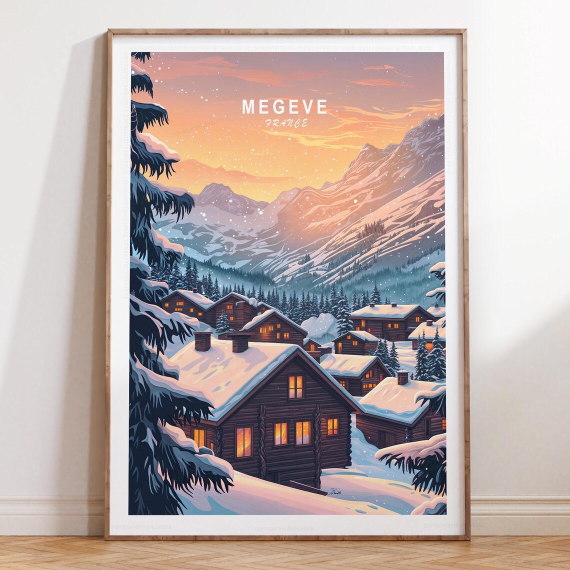 Megeve France Alpine Chalets Snow Sunset Retro Travel Poster