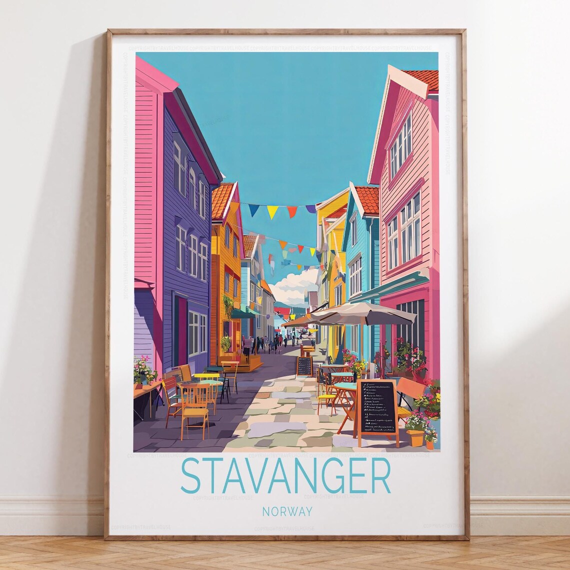 Stavanger Norway Colorful Old Town Street Cafes Travel Poster