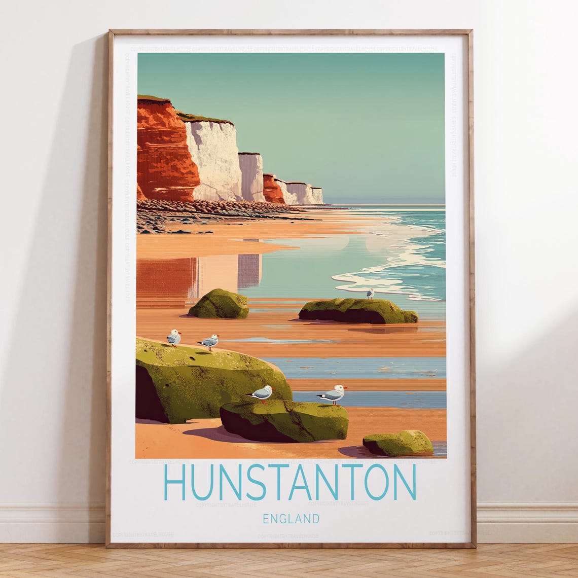 Hunstanton England Beach Cliffs Seagulls Sunset Travel Poster