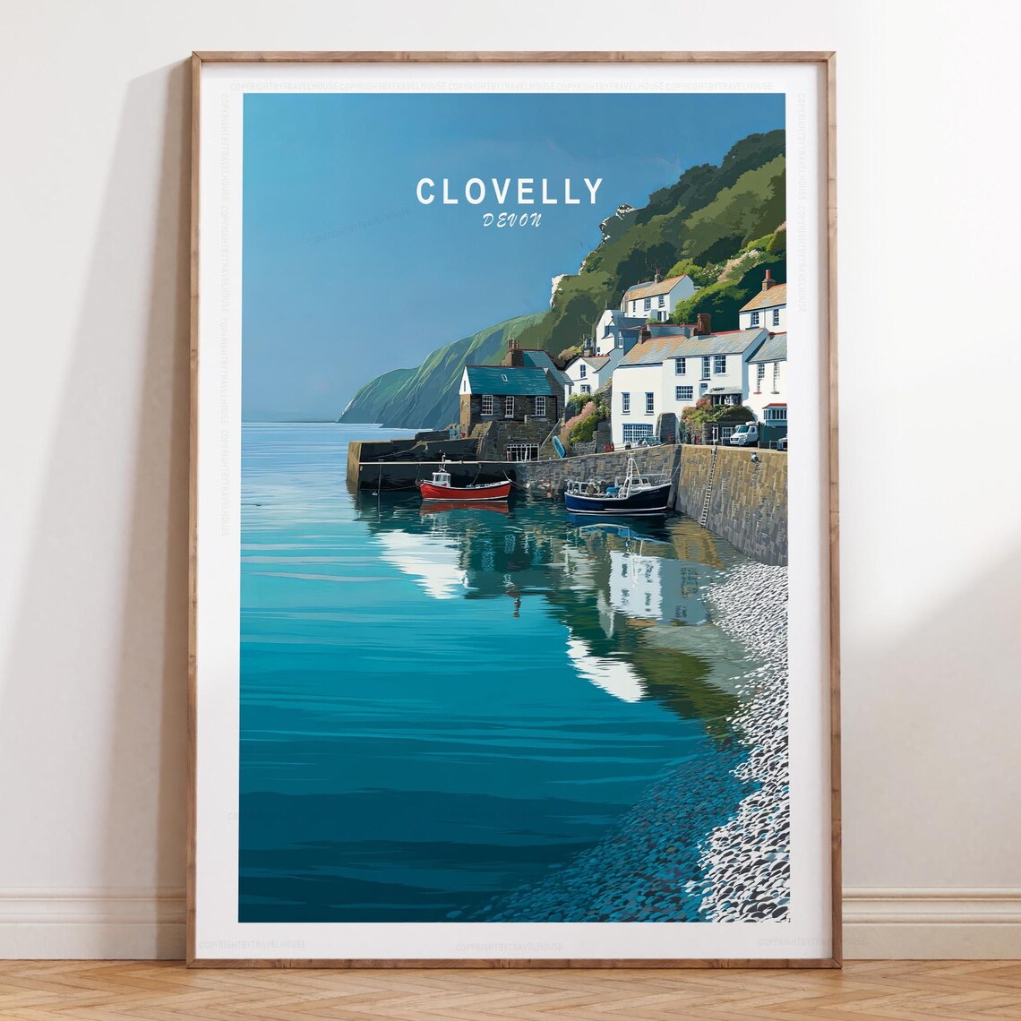 Clovelly Devon Travel Poster Fishing Harbor and Stone Breakwater