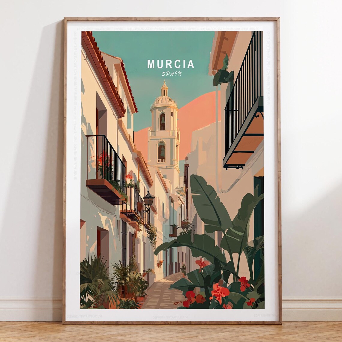 Murcia Spain Tropical Alleyway Church Tower Sunset Travel Poster