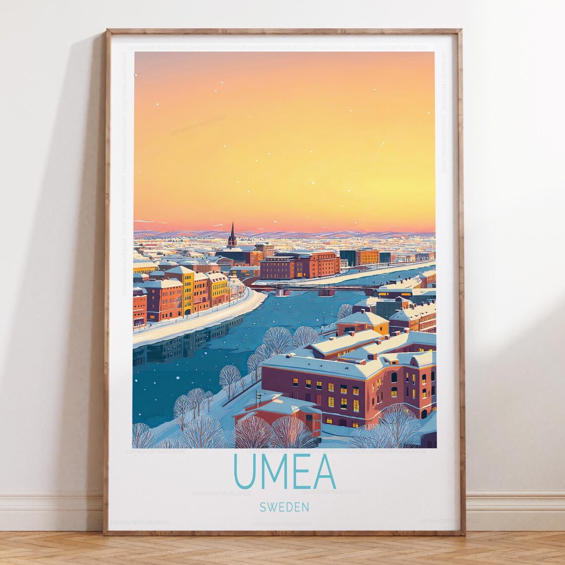 Umea Sweden Snowy Sunset Panoramic City River View Art Poster