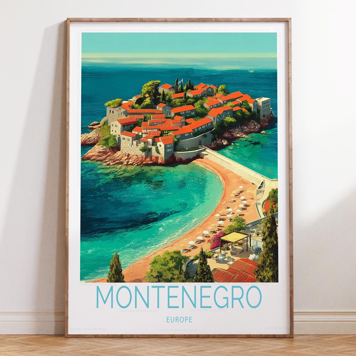 Montenegro Sveti Stefan Beach Umbrellas Adriatic Travel Poster Art