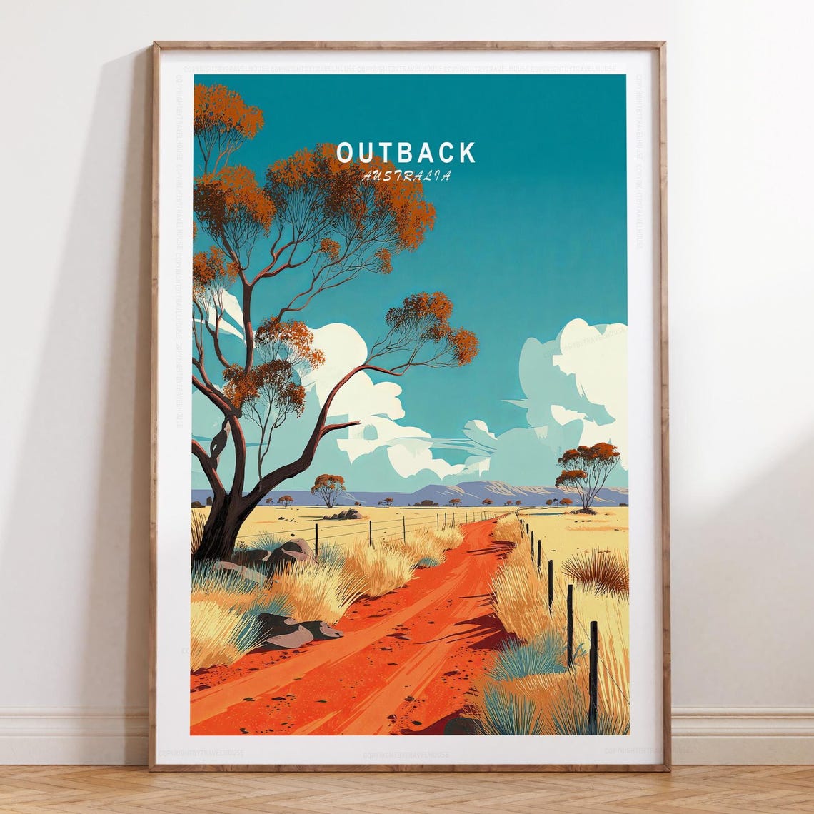 Outback Australia Teal Sky Eucalyptus Road Retro Travel Poster
