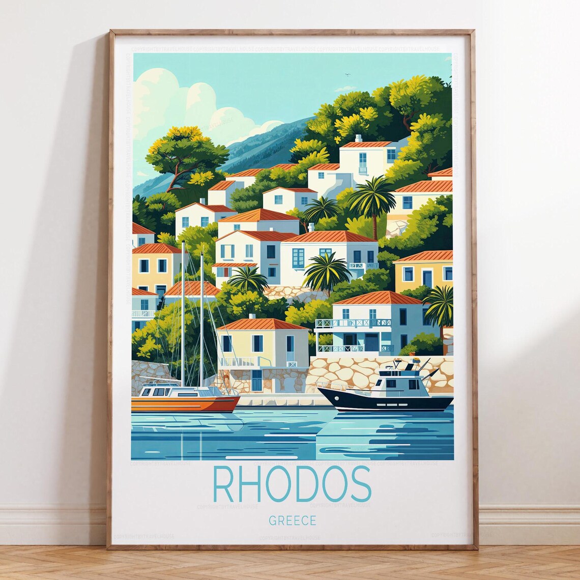 Rhodos Greece Colorful Harbor Village Boats Coastal Travel Poster