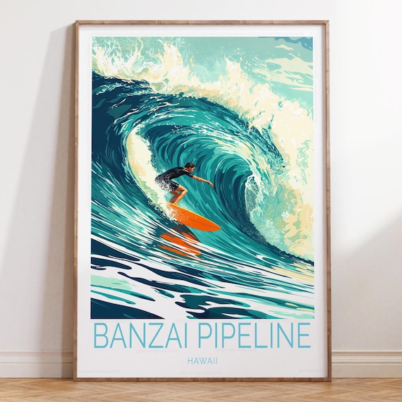 Banzai Pipeline Hawaii Teal Barrel Wave Surfer Retro Art Poster