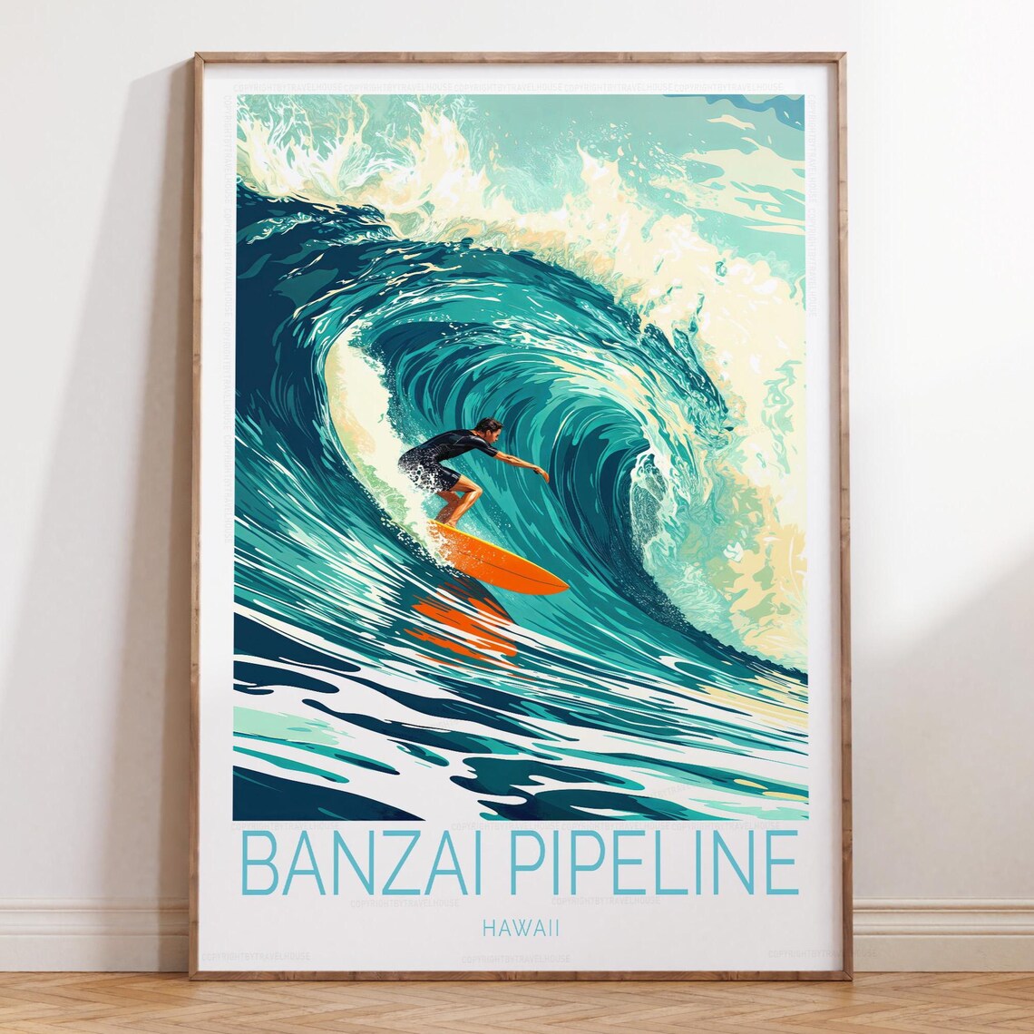 Banzai Pipeline Hawaii Teal Barrel Wave Surfer Retro Art Poster