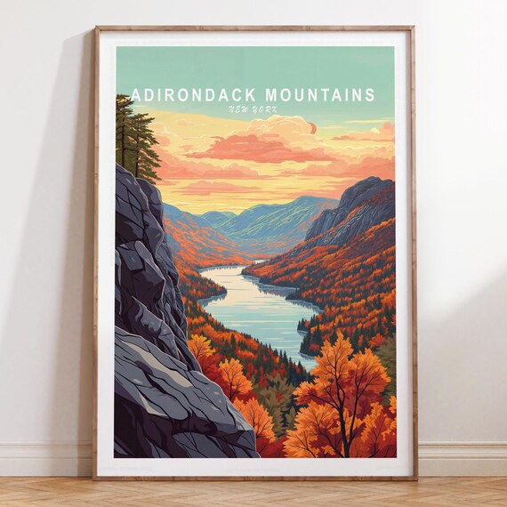 Adirondack Mountains New York Fall Lake Cliff View Top Title Travel Poster