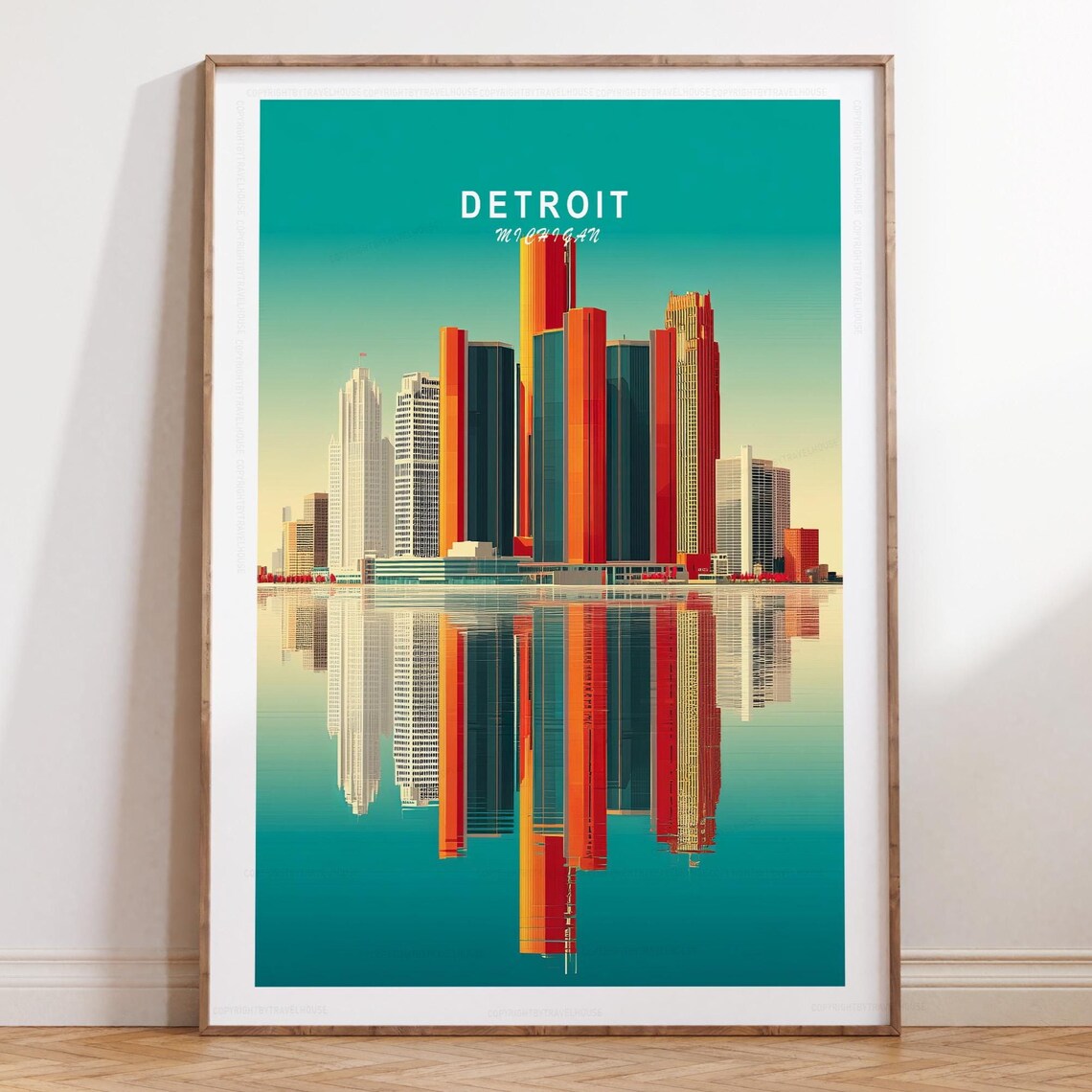Detroit Michigan Vintage Riverfront Skyline Reflection Travel Poster