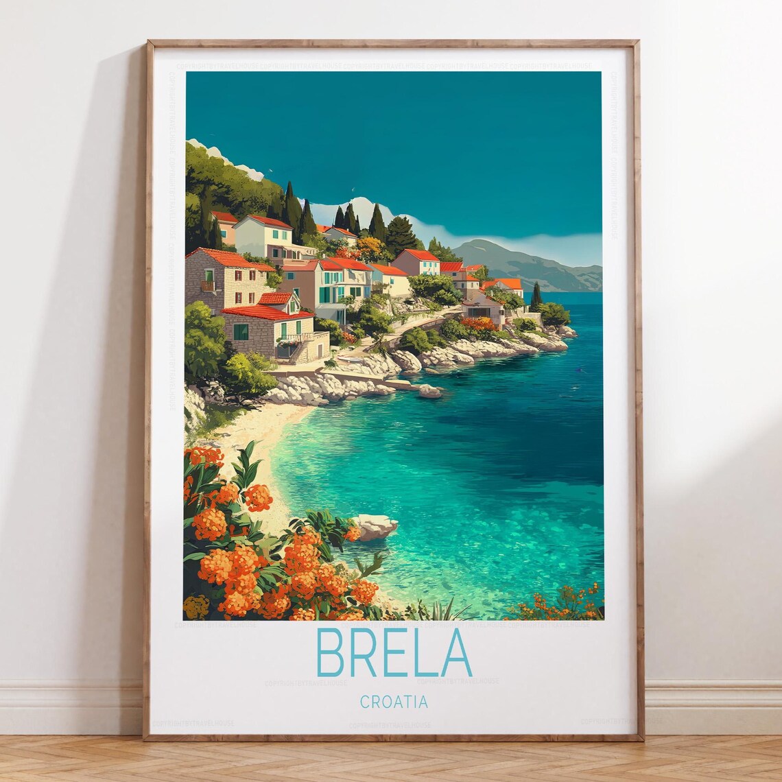 Brela Croatia Adriatic Cove Beach Red Roofs Travel Art Poster