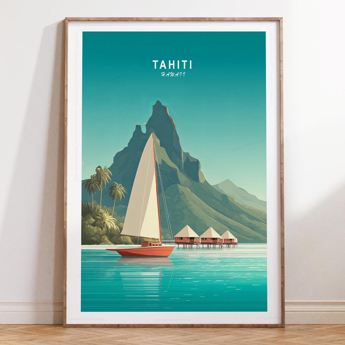 Tahiti Hawaii Teal Sky Sailboat Island Paradise Travel Poster