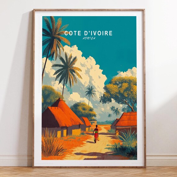 Cote d'Ivoire Africa Vintage Style Travel Poster With Village and Palms