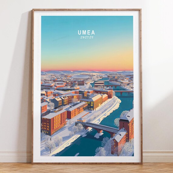 Umea Sweden Winter Snow Aerial City River Sunset Travel Poster