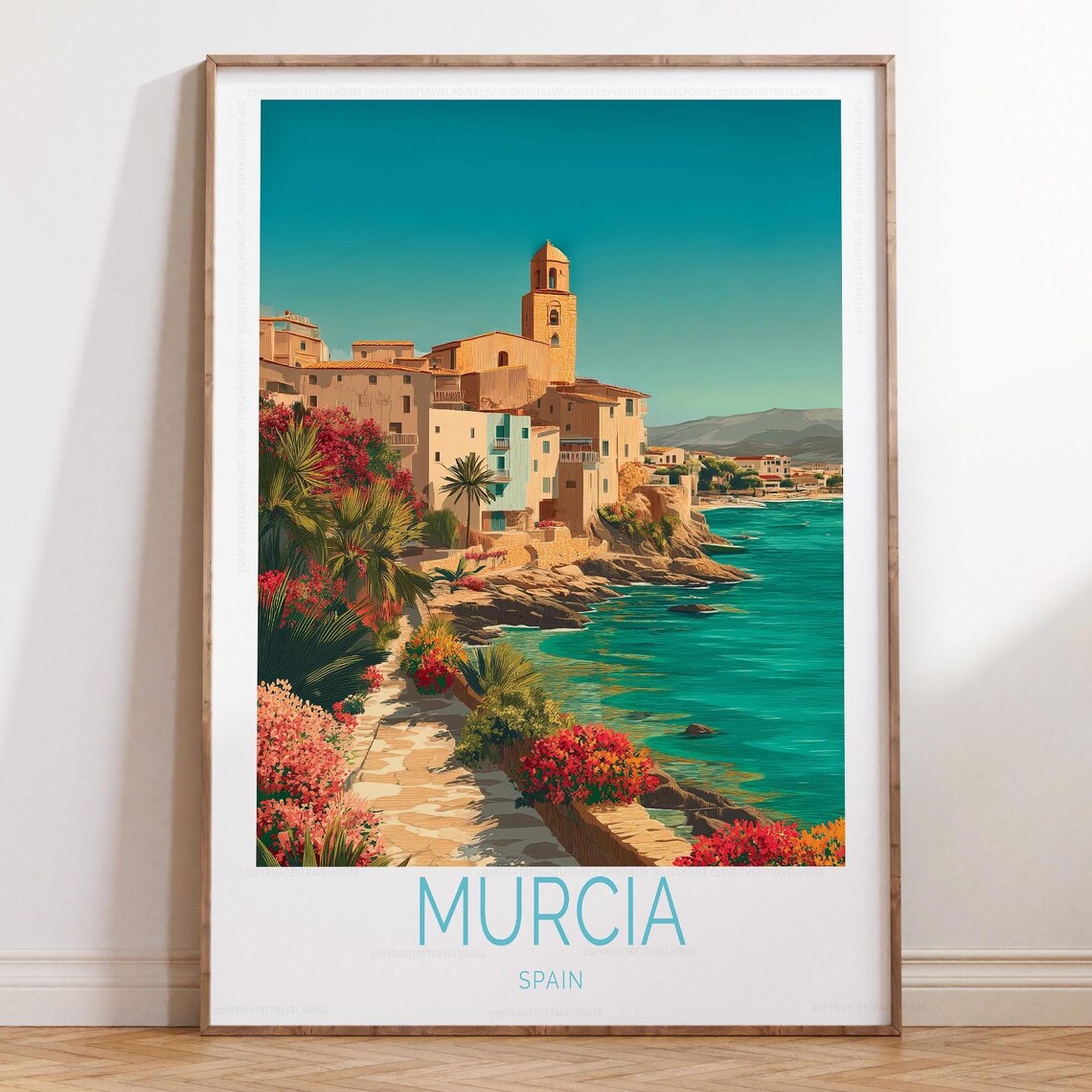 Murcia Spain Sunlit Coastal Old Town Church Tower Travel Poster