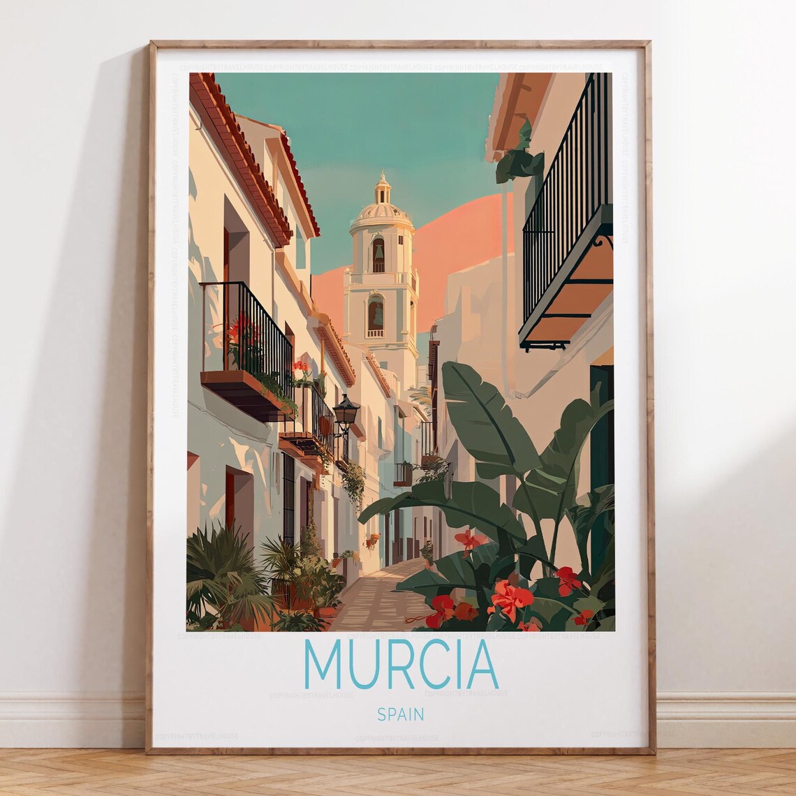 Murcia Spain Old Town Alley Church Tower Vintage Travel Poster
