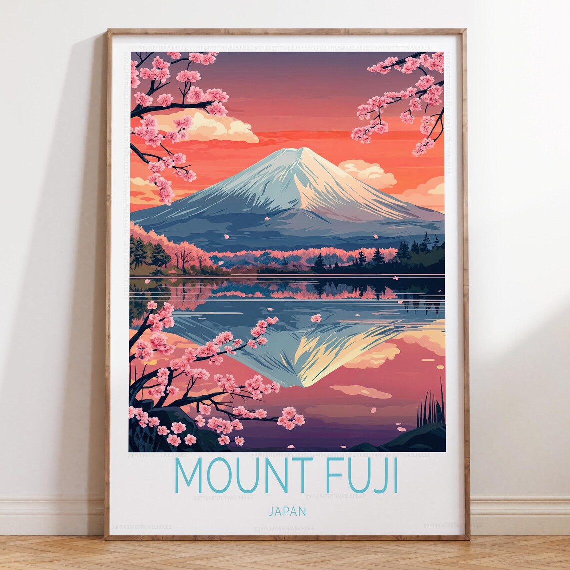 Mount Fuji Japan Cherry Blossom Sunset Lake Reflection Travel Poster