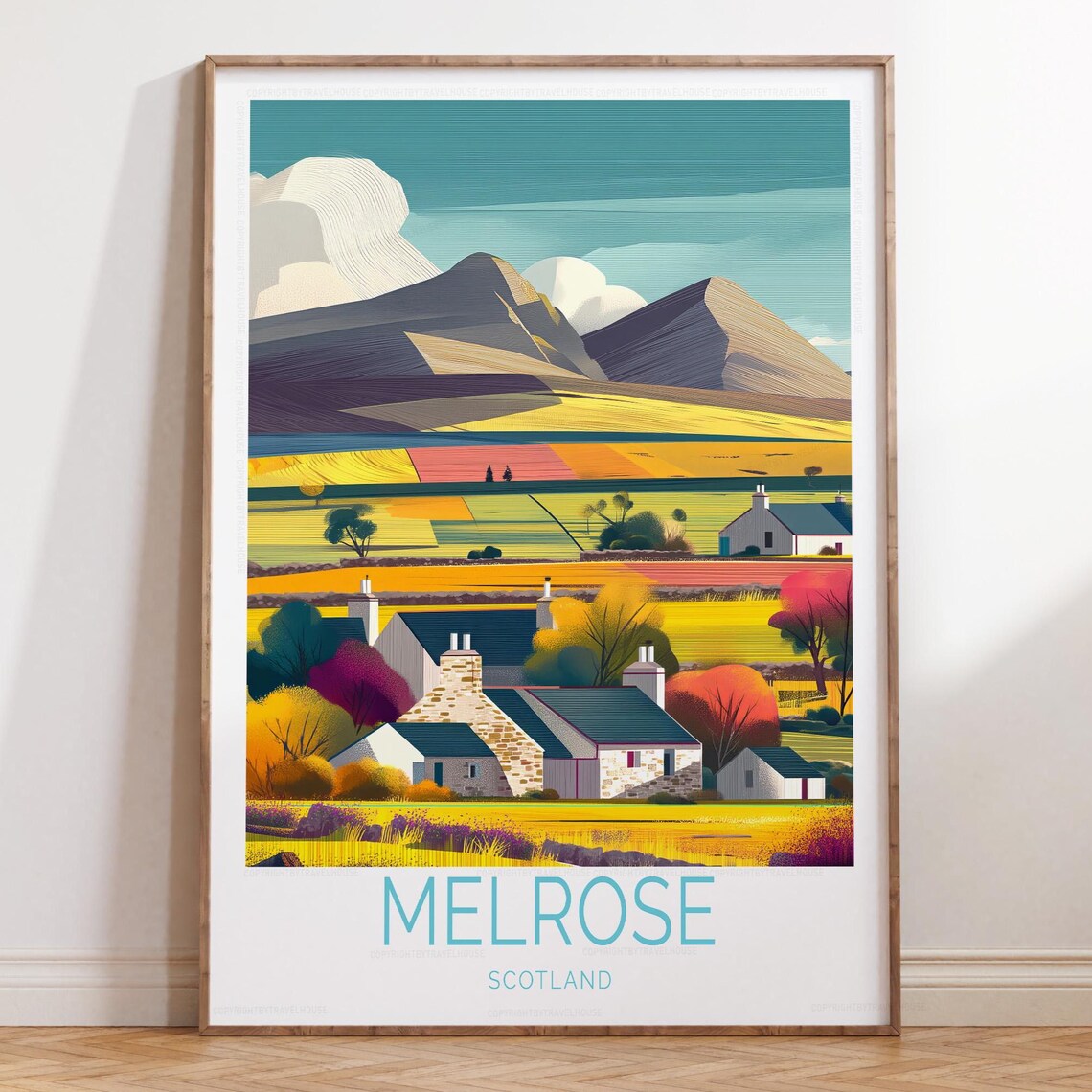 Melrose Scotland Stone Cottages And Purple Hills Vintage Travel Poster