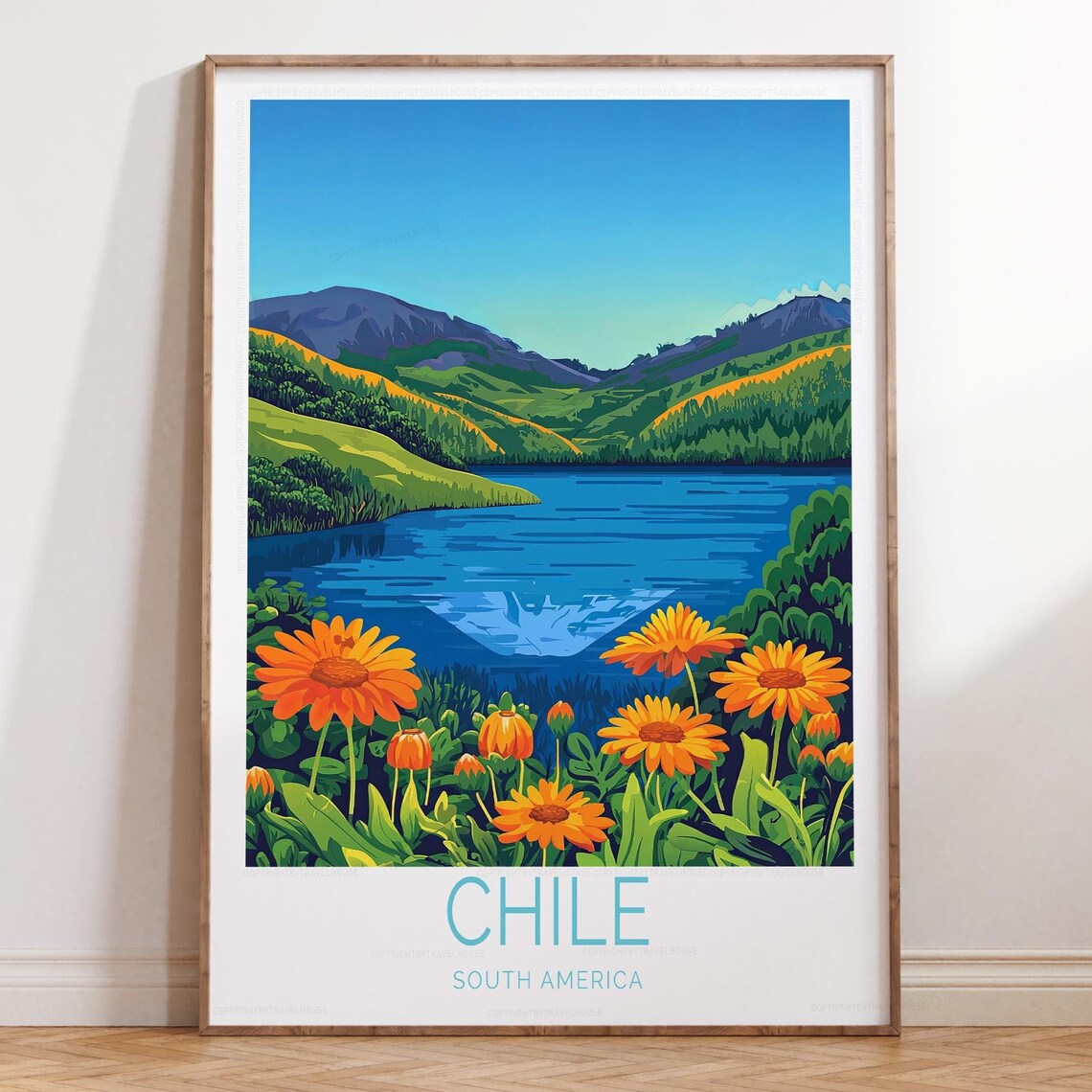 Chile Green Valley Mountain Lake Orange Flower Meadow Travel Poster
