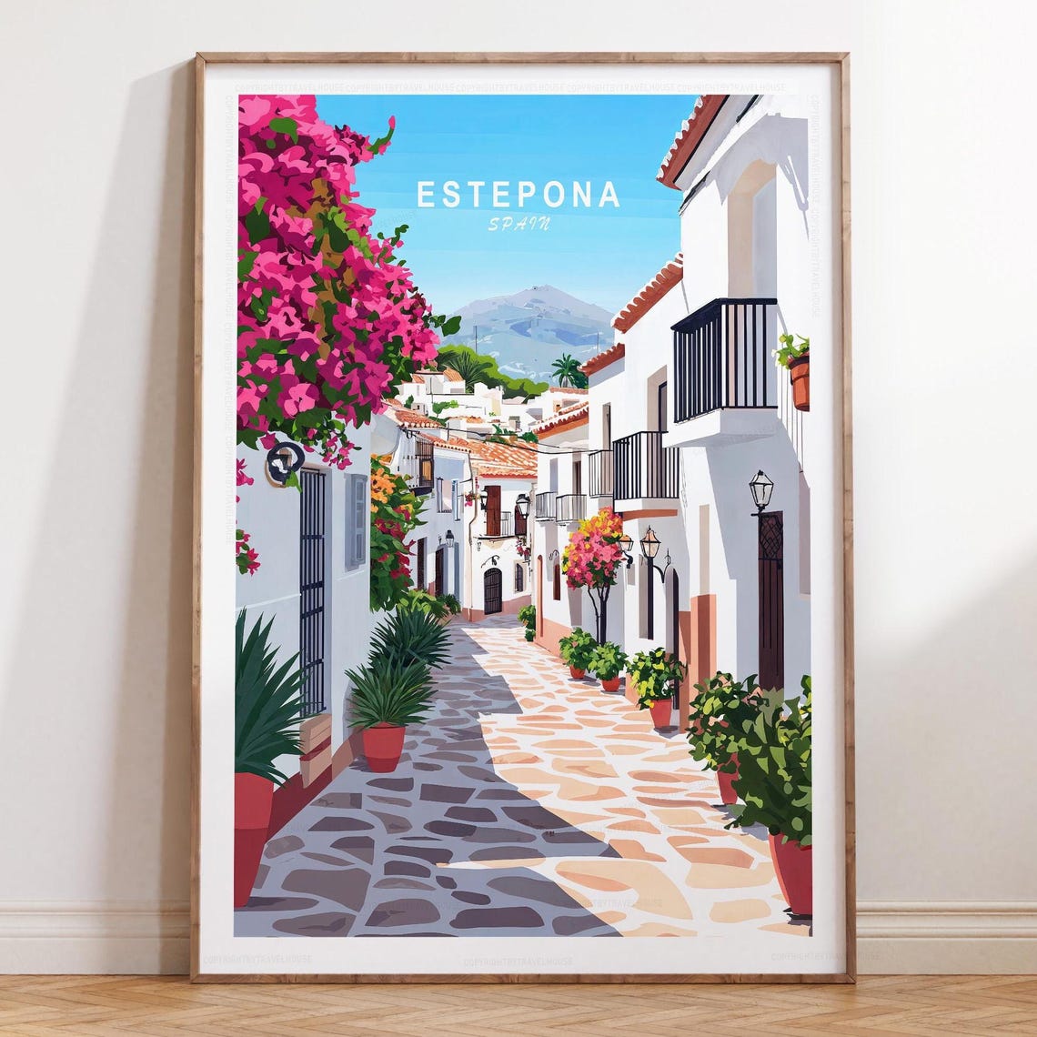 Estepona Spain Bougainvillea Street Mountain View Travel Poster