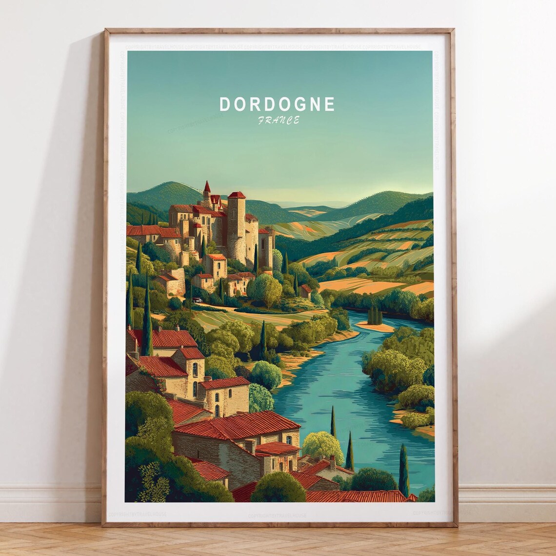 Dordogne France Riverside Village Red Rooftops Vintage Travel Poster