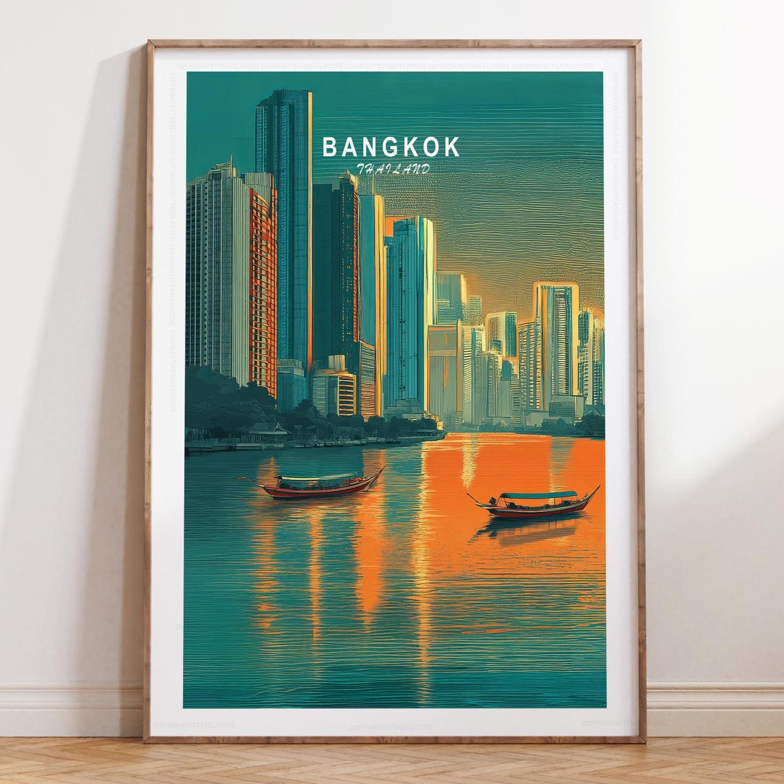 Bangkok Thailand Teal Longtail Boat River Sunset Skyline Travel Poster