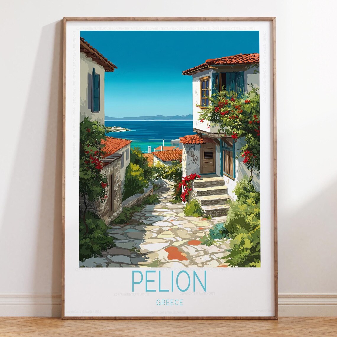 Pelion Greece Stone Alley Bougainvillea Sea View Travel Poster