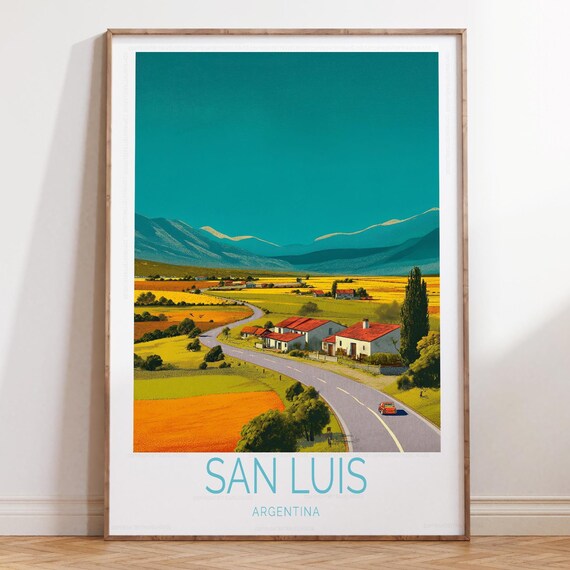 San Luis Argentina Winding Country Road with Red Car Travel Poster