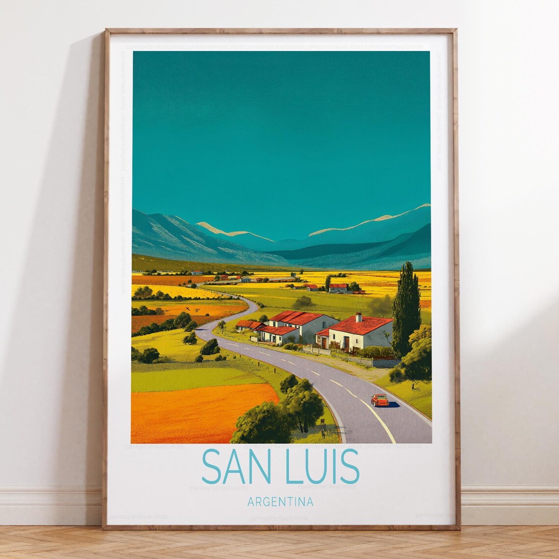 San Luis Argentina Winding Country Road with Red Car Travel Poster
