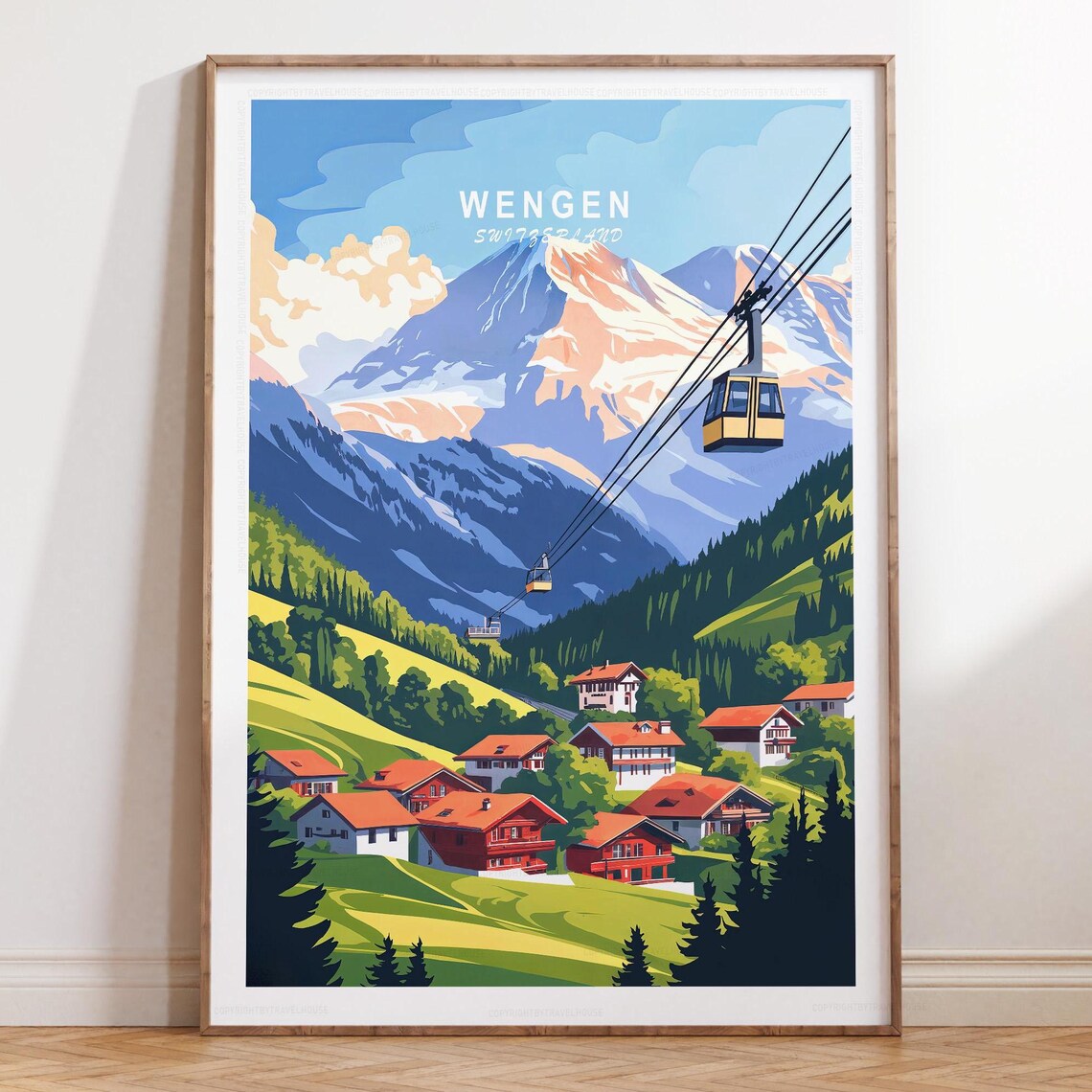 Wengen Switzerland Cable Car Above Alpine Village Green Poster