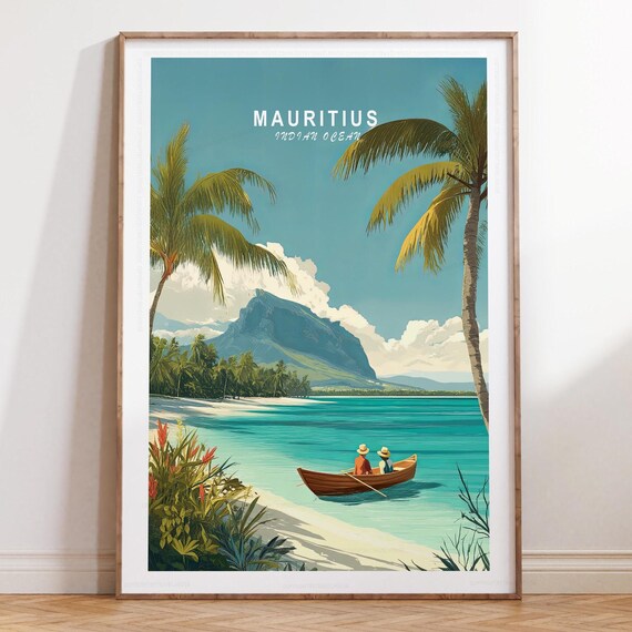 Mauritius Indian Ocean Lagoon Rowboat Travel Poster Le Morne Mountain