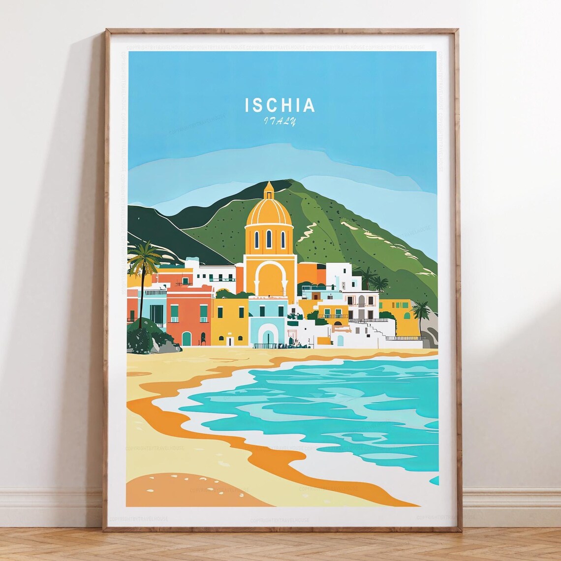 Ischia Italy Colorful Coastal Town Beach Dome Church Travel Poster