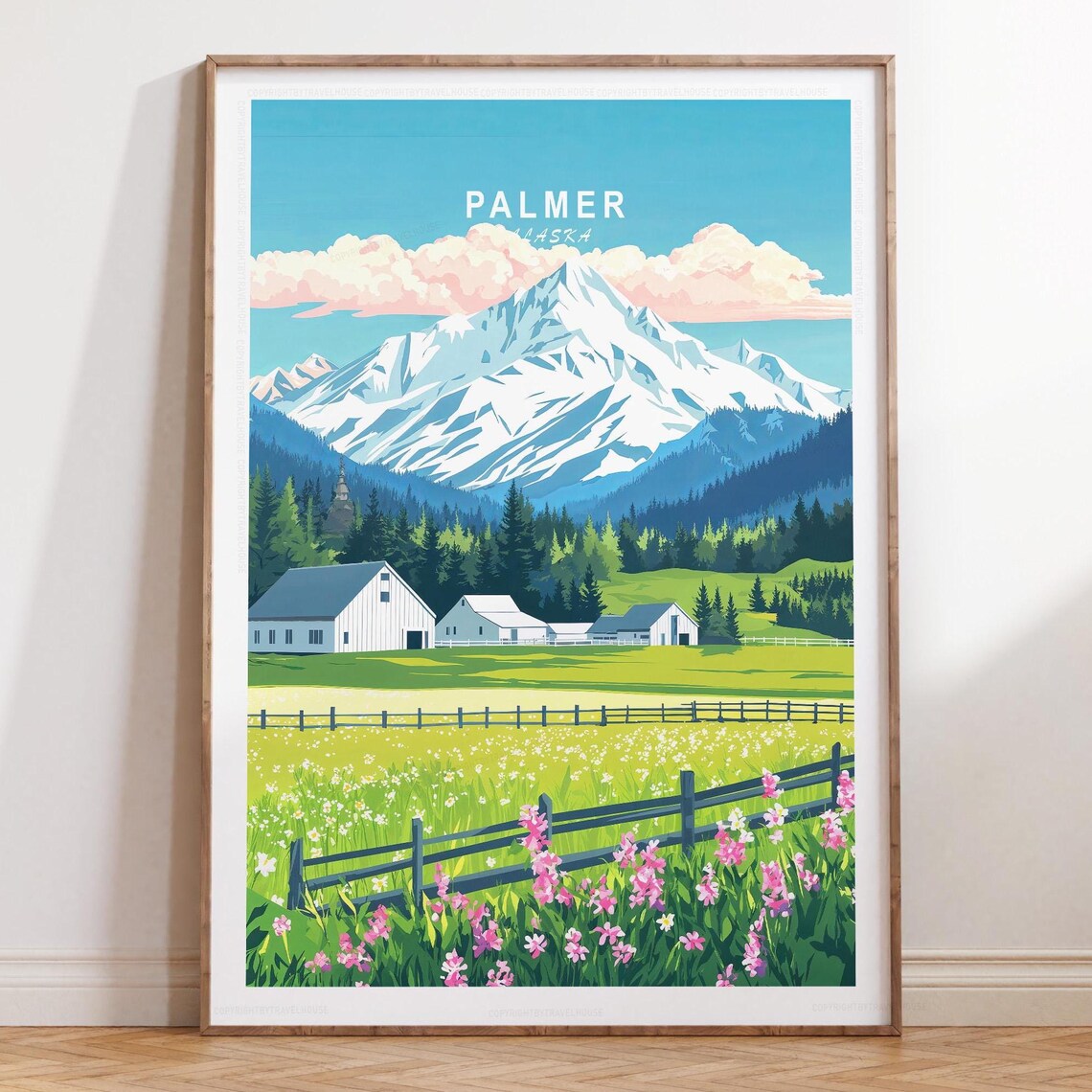 Palmer Alaska Wildflower Pasture Mountain Top Title Travel Poster