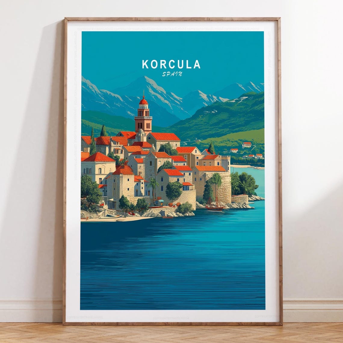 Korcula Spain Old Town Bell Tower Teal Sea Mountain View Poster