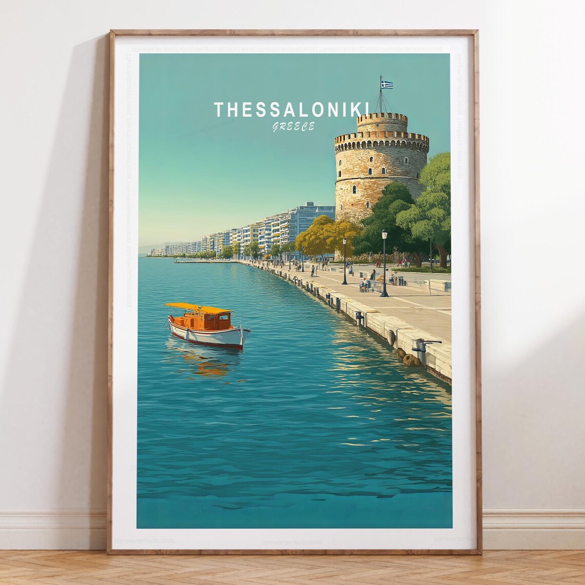 Thessaloniki Greece White Tower Waterfront Boat Scene Poster