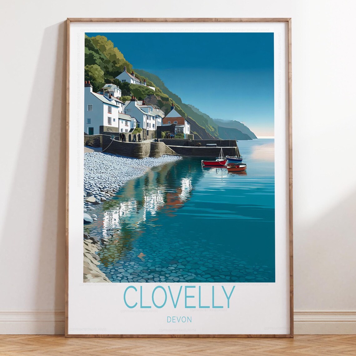 Clovelly Devon Travel Poster Harbor Cottages Boats and Pebble Shore