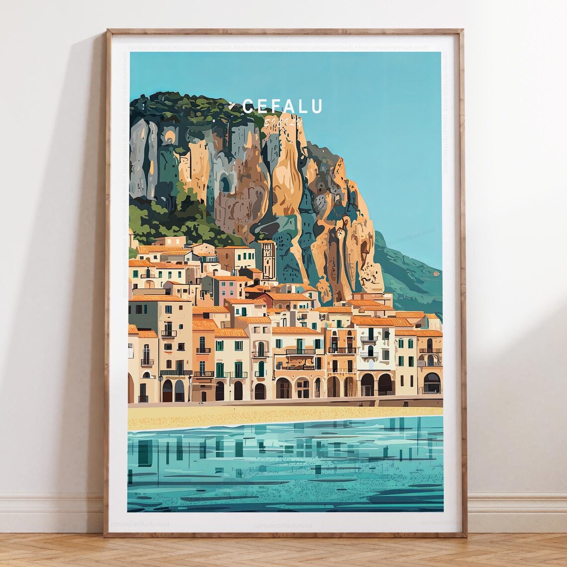 Cefalu Sicily Coastal Town Under Rock Cliffs Seaside Travel Poster
