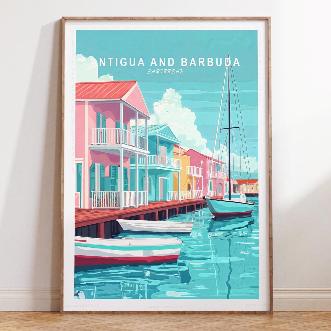 Antigua and Barbuda Caribbean Pastel Harbor Sailboats Waterfront Travel Poster