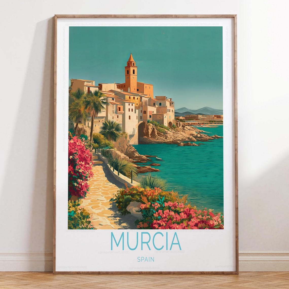 Murcia Spain Flower Lined Seaside Promenade Old Town Travel Poster