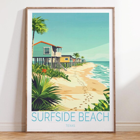 Surfside Beach Texas Travel Poster with Stilt Houses and Palm Trees