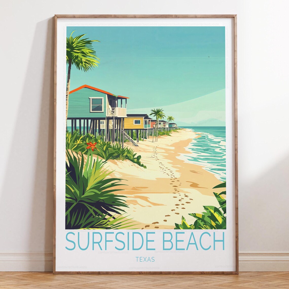 Surfside Beach Texas Travel Poster with Stilt Houses and Palm Trees